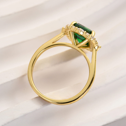 3Ct Yellow Gold Halo Emerald Cut Emerald Green Engagement Ring In Sterling Silver-Sterling Silver-lornajewelry