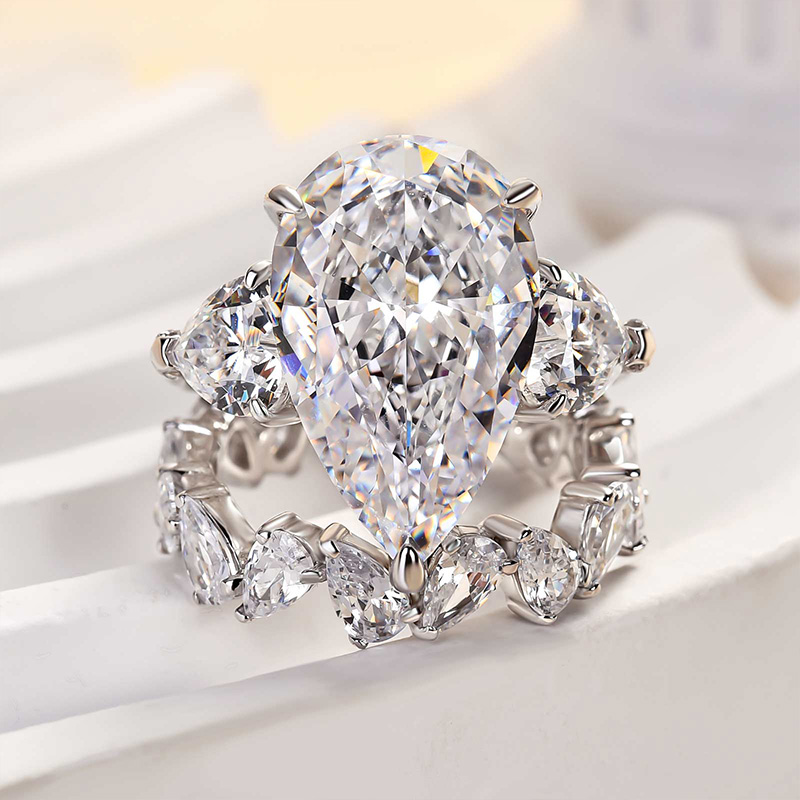 Luxury Pear Cut Three Stone Wedding Set-Sterling Silver-lornajewelry