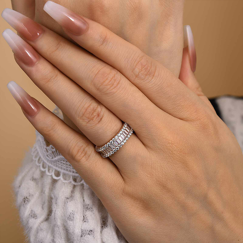 Stunning Emerald Cut Women's Wedding Band In Sterling Silver-Sterling Silver-lornajewelry