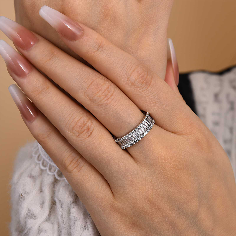 Stunning Emerald Cut Women's Wedding Band In Sterling Silver-Sterling Silver-lornajewelry