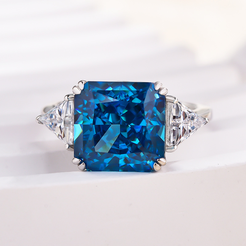 5Ct Luxury Radiant & Triangle Cut Sapphire Three Stone Engagement Ring In Sterling Silver-Sterling Silver-lornajewelry