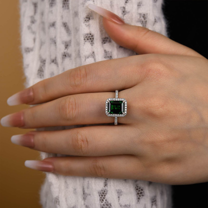 3.5Ct Amazing Emerald Cut Halo Engagement Ring In Sterling Silver-Sterling Silver-lornajewelry