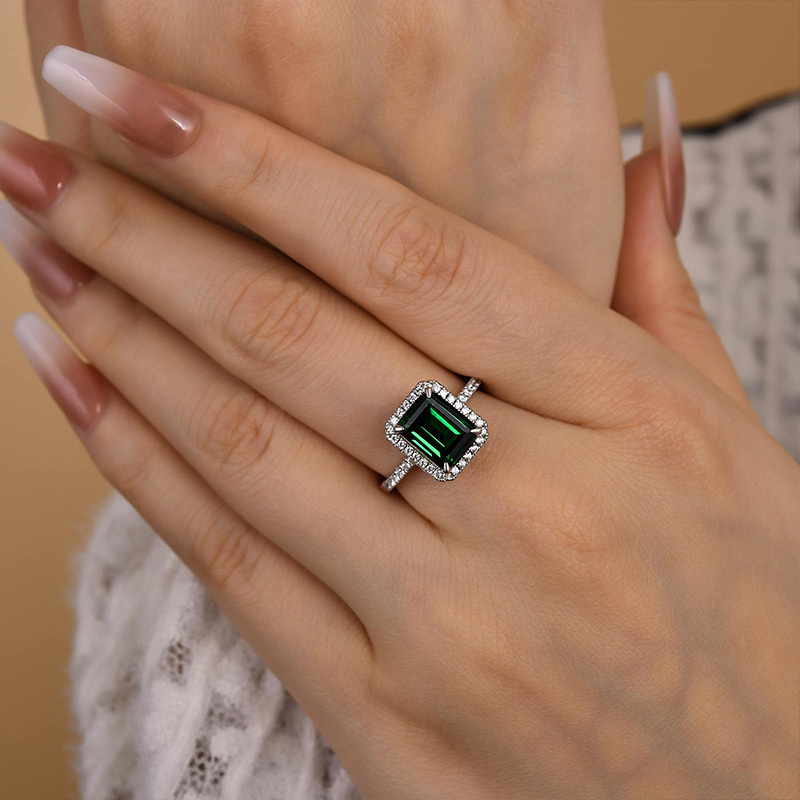 3.5Ct Amazing Emerald Cut Halo Engagement Ring In Sterling Silver-Sterling Silver-lornajewelry