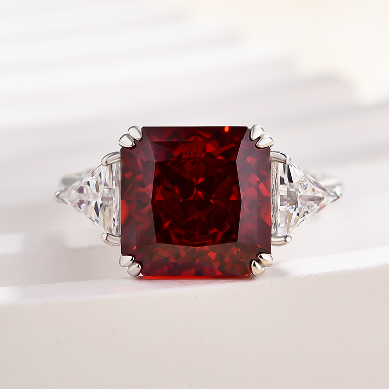 5Ct Ruby Radiant Cut Three Stone Engagement Ring With Triangle Cut Site-stones-Sterling Silver-lornajewelry