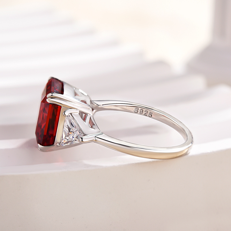 5Ct Ruby Radiant Cut Three Stone Engagement Ring With Triangle Cut Site-stones-Sterling Silver-lornajewelry