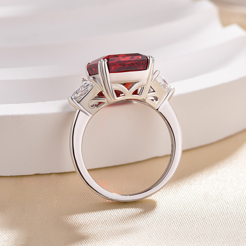 5Ct Ruby Radiant Cut Three Stone Engagement Ring With Triangle Cut Site-stones-Sterling Silver-lornajewelry