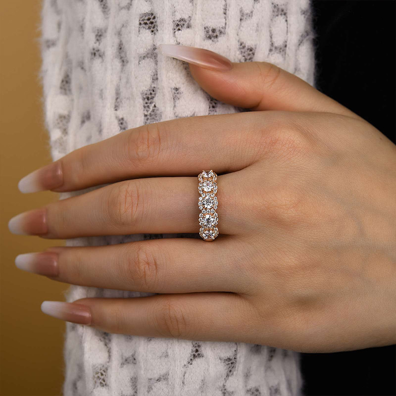 Halo Round Cut Five Stone Anniversary Ring for Her-Sterling Silver-lornajewelry