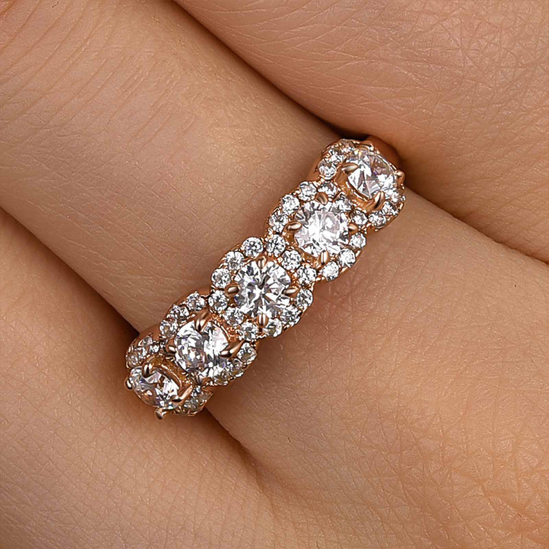 Halo Round Cut Five Stone Anniversary Ring for Her-Sterling Silver-lornajewelry