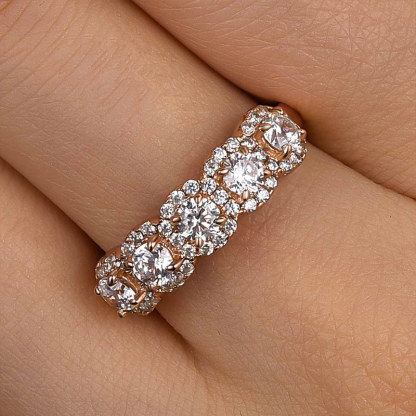 Halo Round Cut Five Stone Anniversary Ring for Her-Sterling Silver-lornajewelry