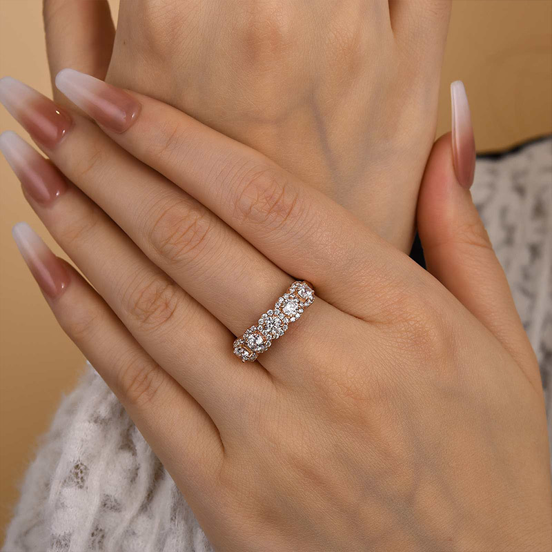 Halo Round Cut Five Stone Anniversary Ring for Her-Sterling Silver-lornajewelry