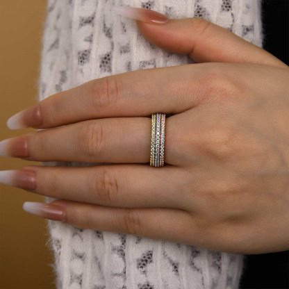 2 Tone Full Eternity 3PC Stackable Wedding Band Set In Sterling Silver-Sterling Silver-lornajewelry