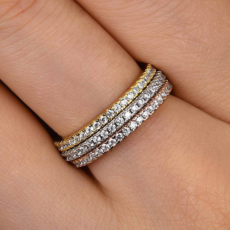 2 Tone Full Eternity 3PC Stackable Wedding Band Set In Sterling Silver-Sterling Silver-lornajewelry