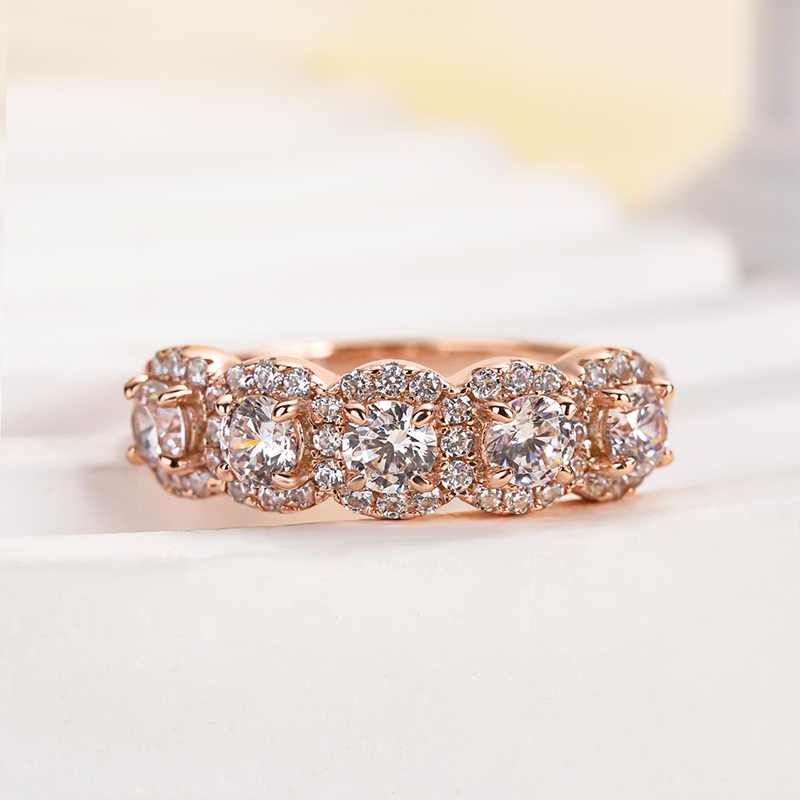 Halo Round Cut Five Stone Anniversary Ring for Her-Sterling Silver-lornajewelry