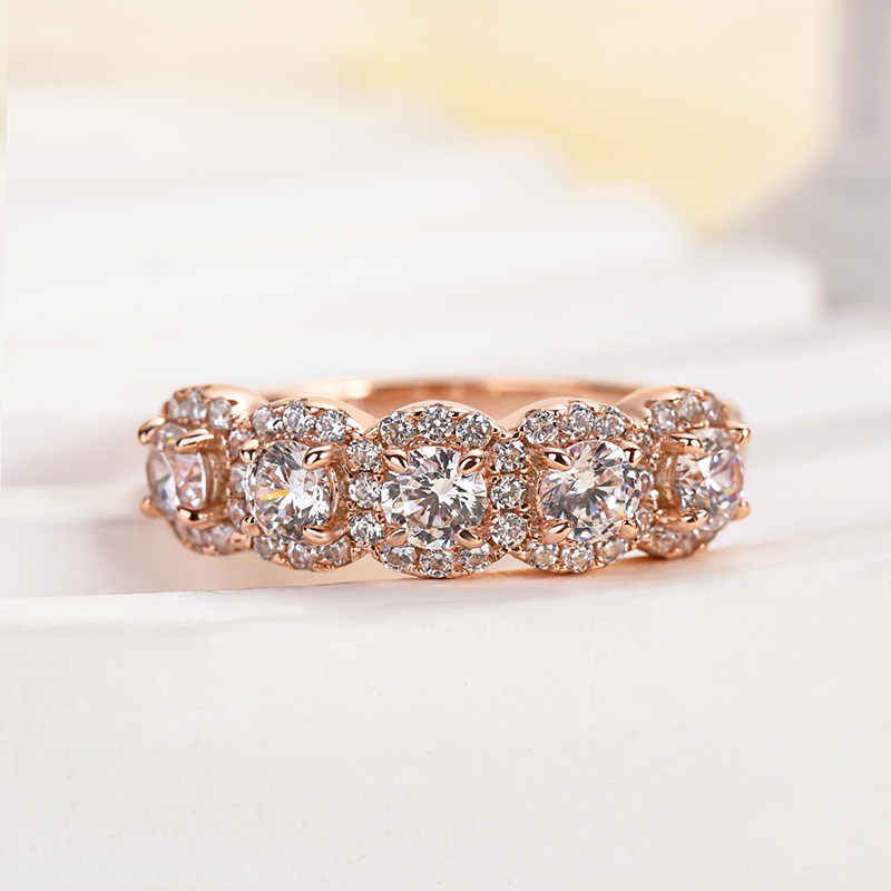 Halo Round Cut Five Stone Anniversary Ring for Her-Sterling Silver-lornajewelry