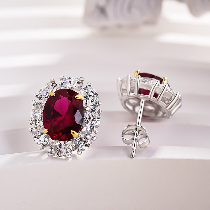 Luxuriant Halo 1.8 Carat Ruby Oval Cut Women's Drop Earrings In Sterling Silver-Sterling Silver-lornajewelry
