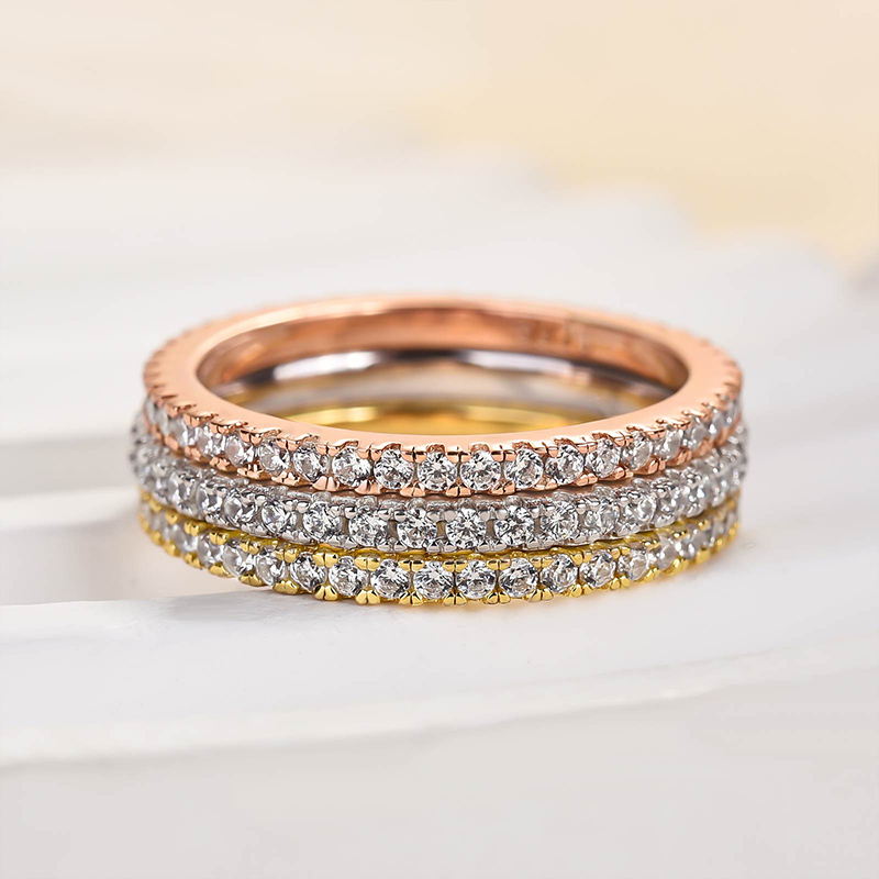 2 Tone Full Eternity 3PC Stackable Wedding Band Set In Sterling Silver-Sterling Silver-lornajewelry