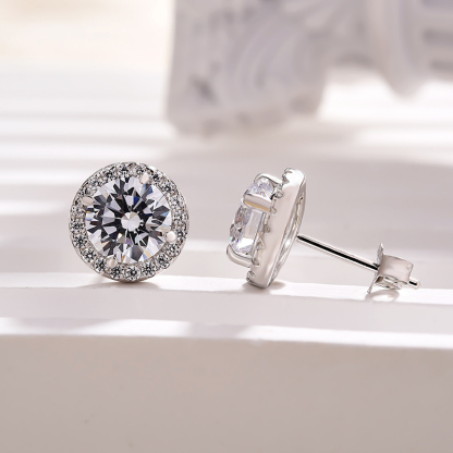 Halo Round Cut Women's Stud Earrings-Sterling Silver-lornajewelry
