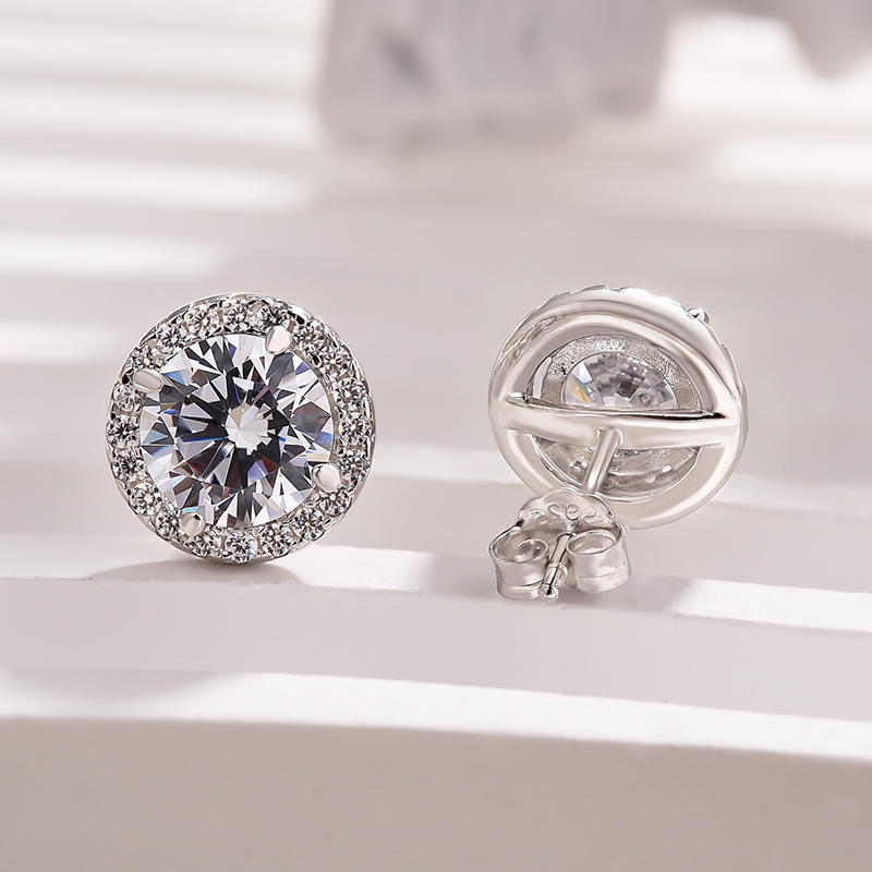 Halo Round Cut Women's Stud Earrings-Sterling Silver-lornajewelry