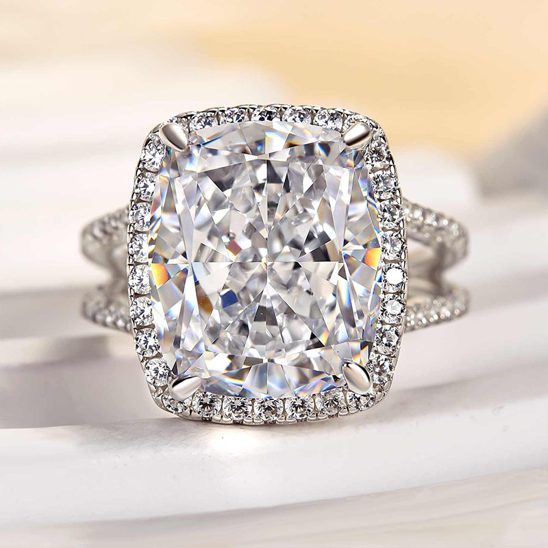 9Ct Luxurious Split Shank Halo Cushion Cut Engagement Ring For Women In Sterling Silver-Sterling Silver-lornajewelry