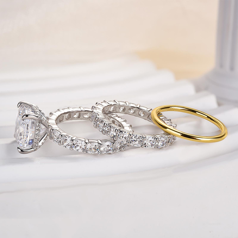 Excellent Crushed Ice Cushion Cut 3PC Wedding Ring Set In Sterling Silver-Sterling Silver-lornajewelry