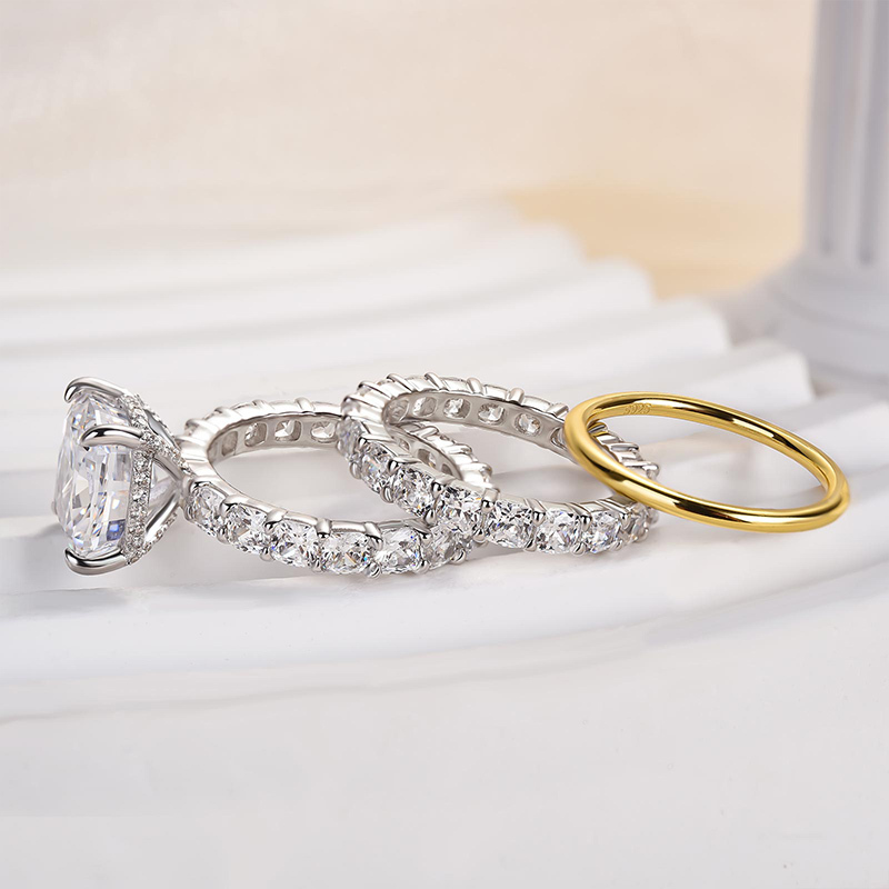 Excellent Crushed Ice Cushion Cut 3PC Wedding Ring Set In Sterling Silver-Sterling Silver-lornajewelry