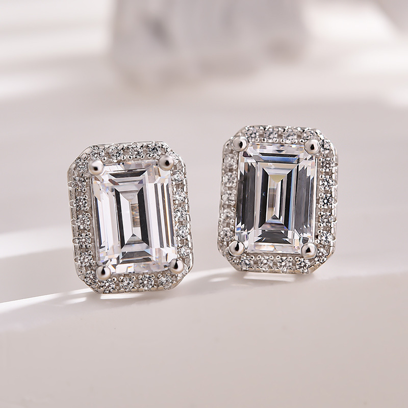 Sparkle Halo Emerald Cut Women's Stud Earrings In Sterling Silver-Sterling Silver-lornajewelry