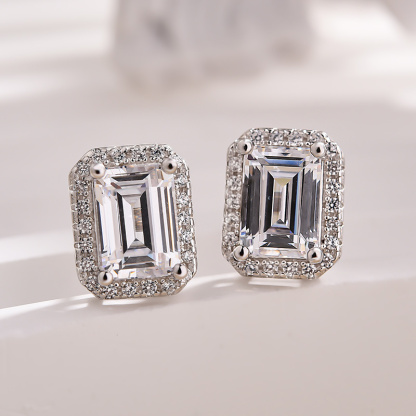 Sparkle Halo Emerald Cut Women's Stud Earrings In Sterling Silver-Sterling Silver-lornajewelry