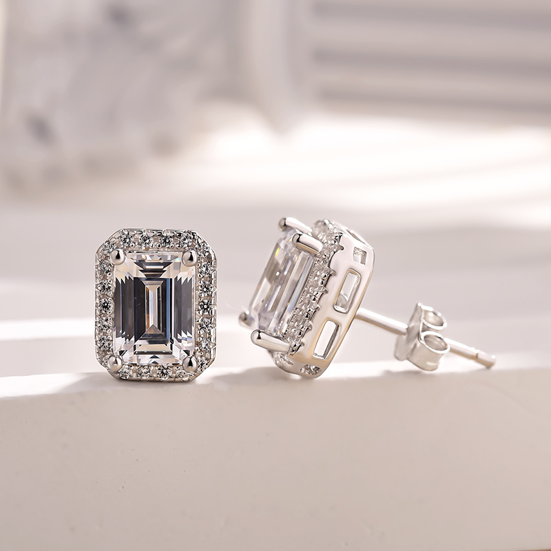 Sparkle Halo Emerald Cut Women's Stud Earrings In Sterling Silver-Sterling Silver-lornajewelry