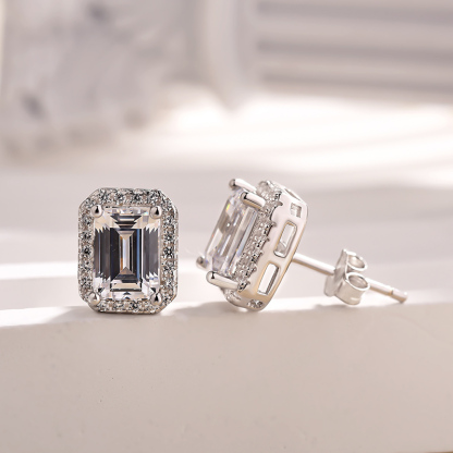 Sparkle Halo Emerald Cut Women's Stud Earrings In Sterling Silver-Sterling Silver-lornajewelry