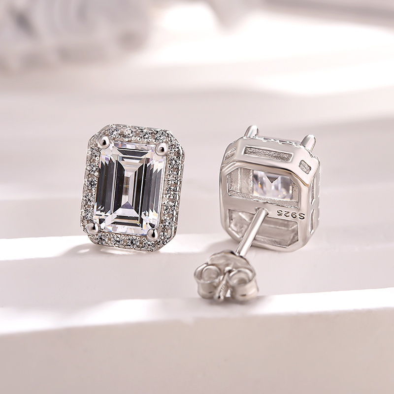 Sparkle Halo Emerald Cut Women's Stud Earrings In Sterling Silver-Sterling Silver-lornajewelry