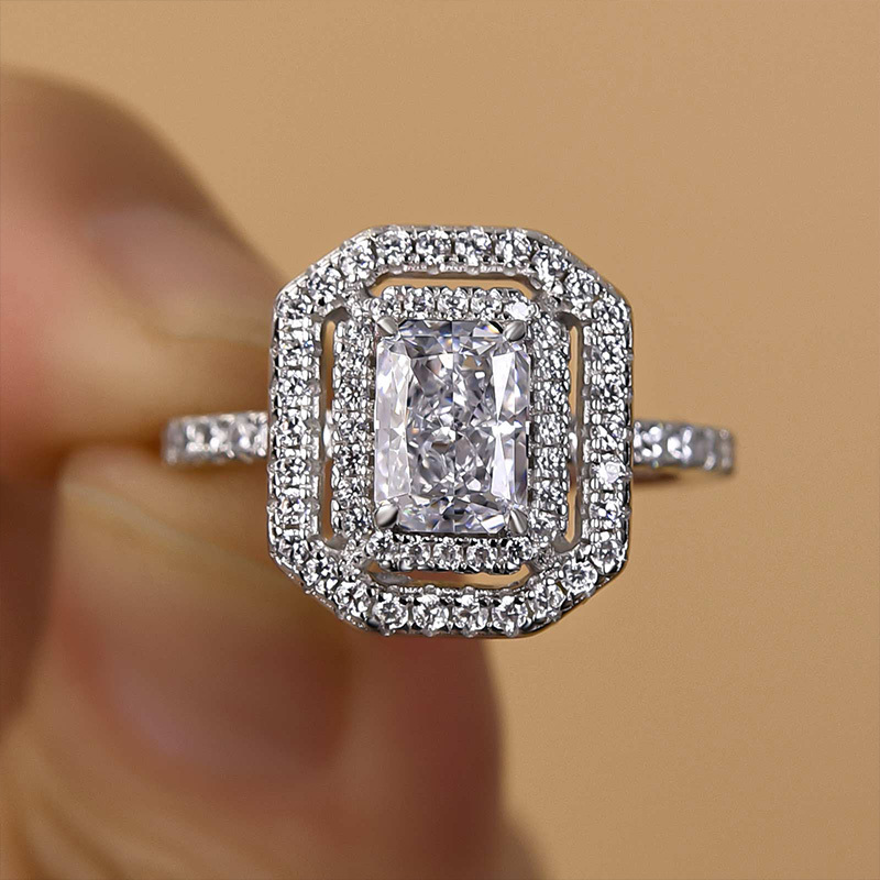 1Ct Double Halo Radiant Cut  Engagement Ring In Sterling Silver-Sterling Silver-lornajewelry