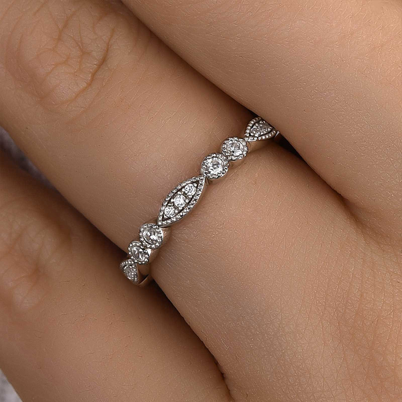 Art Deco White Gold Full Eternity Thin Wedding Band For Women-Sterling Silver-lornajewelry