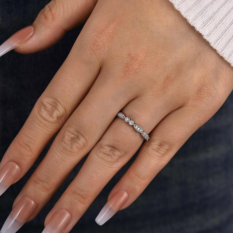 Art Deco White Gold Full Eternity Thin Wedding Band For Women-Sterling Silver-lornajewelry