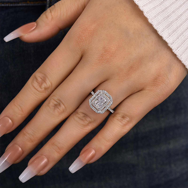 1Ct Double Halo Radiant Cut  Engagement Ring In Sterling Silver-Sterling Silver-lornajewelry
