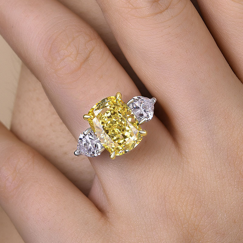 6.5Ct Elegant Cushion Cut Three Stone Yellow Sapphire Engagement Ring In Sterling Silver-Sterling Silver-lornajewelry