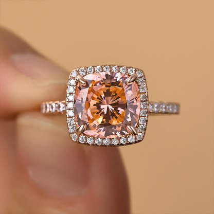 4Ct Elegant Cushion Cut Synthetic Morganite Halo Engagement Ring In Sterling Silver-Sterling Silver-lornajewelry