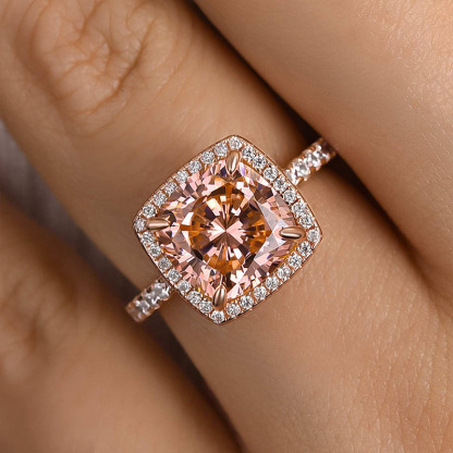4Ct Elegant Cushion Cut Synthetic Morganite Halo Engagement Ring In Sterling Silver-Sterling Silver-lornajewelry