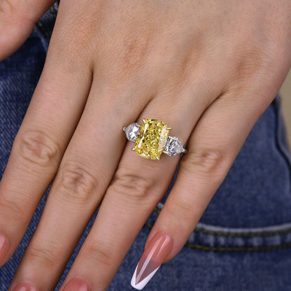 6.5Ct Elegant Cushion Cut Three Stone Yellow Sapphire Engagement Ring In Sterling Silver-Sterling Silver-lornajewelry