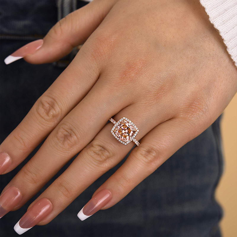 4Ct Elegant Cushion Cut Synthetic Morganite Halo Engagement Ring In Sterling Silver-Sterling Silver-lornajewelry