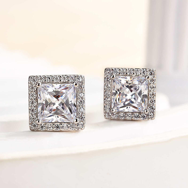 Fashion Halo Princess Cut  Stud Earrings In Sterling Silver-Sterling Silver-lornajewelry