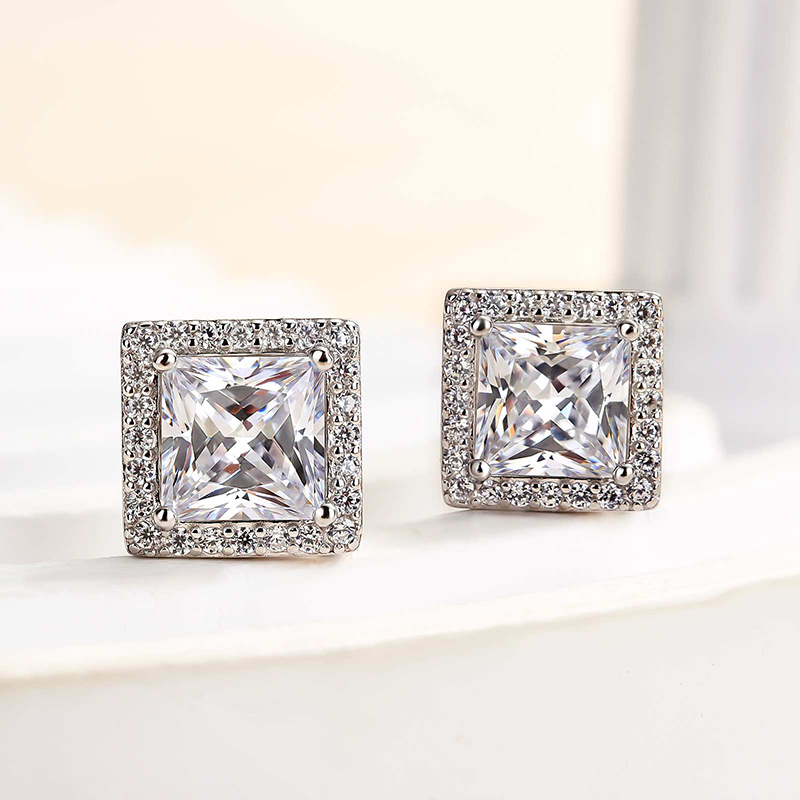 Fashion Halo Princess Cut  Stud Earrings In Sterling Silver-Sterling Silver-lornajewelry