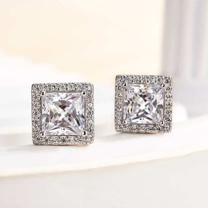 Fashion Halo Princess Cut  Stud Earrings In Sterling Silver-Sterling Silver-lornajewelry