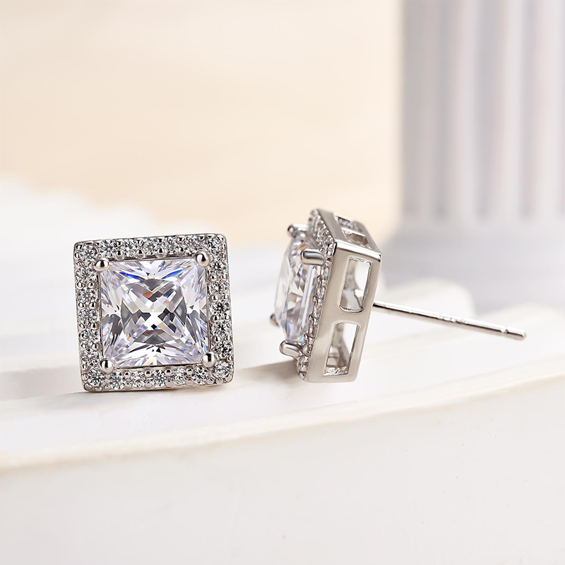Fashion Halo Princess Cut  Stud Earrings In Sterling Silver-Sterling Silver-lornajewelry