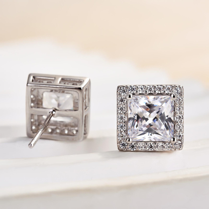 Fashion Halo Princess Cut  Stud Earrings In Sterling Silver-Sterling Silver-lornajewelry