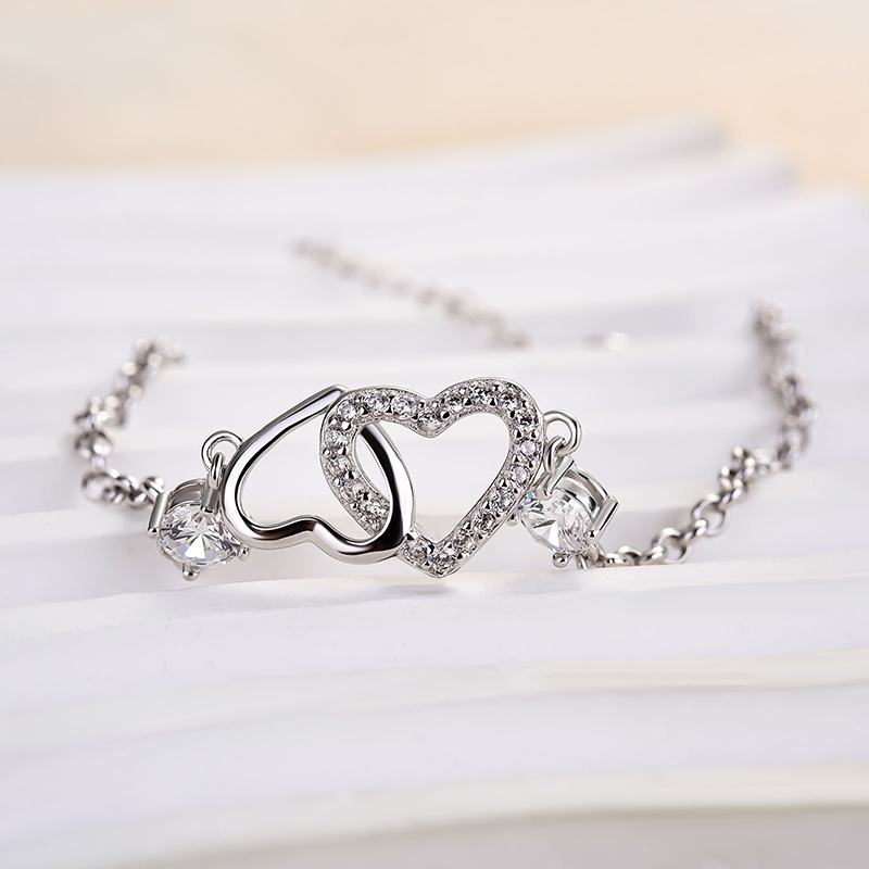 Sterling Silver Double Heart Bracelet For Women-Sterling Silver-lornajewelry