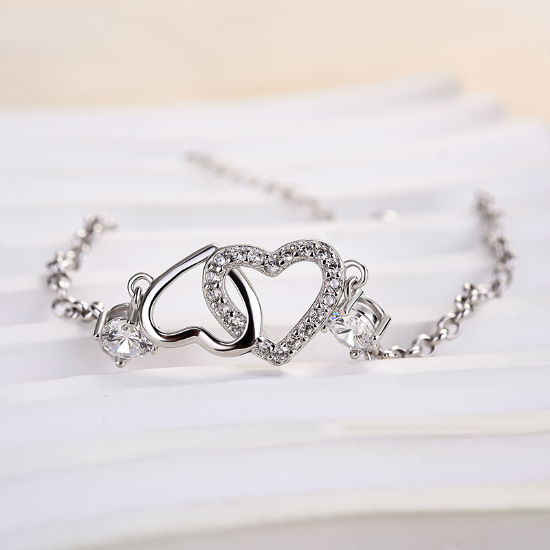 Sterling Silver Double Heart Bracelet For Women-Sterling Silver-lornajewelry