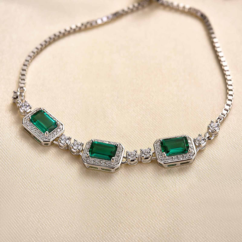 Luxury Emerald Cut Emerald Green Bracelet for Women In Sterling Silver-Sterling Silver-lornajewelry