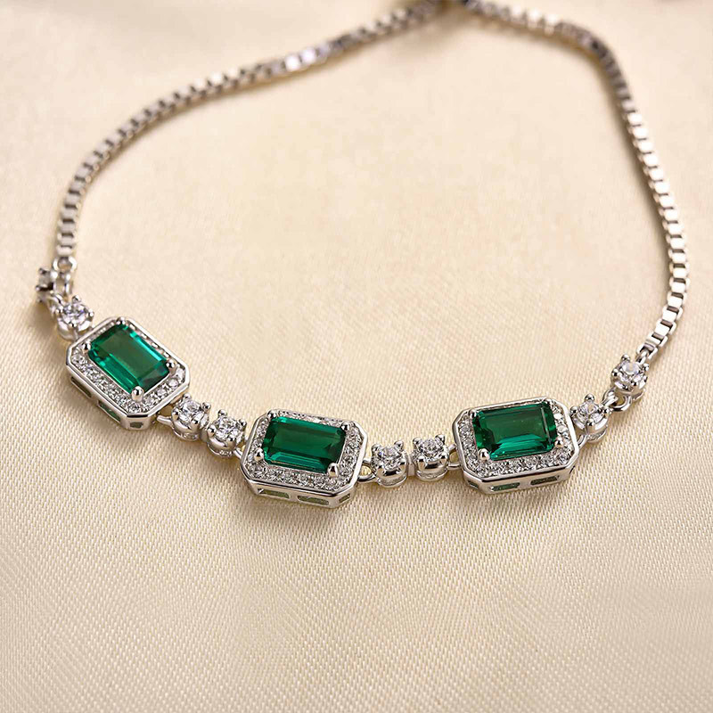 Luxury Emerald Cut Emerald Green Bracelet for Women In Sterling Silver-Sterling Silver-lornajewelry