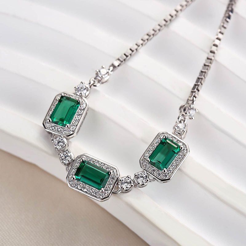 Luxury Emerald Cut Emerald Green Bracelet for Women In Sterling Silver-Sterling Silver-lornajewelry