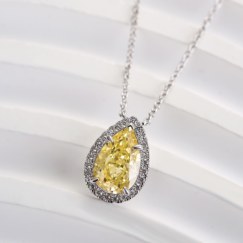 Exquisite Halo Pear Cut Yellow Sapphire Pendant with Necklace In Sterling Silver-Sterling Silver-lornajewelry